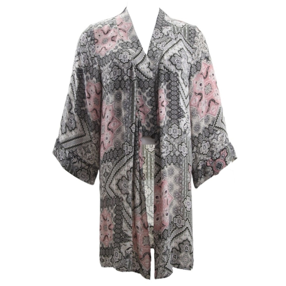 Pink and Gray Ladies Tahari Printed Open Duster Cardigan Size Large